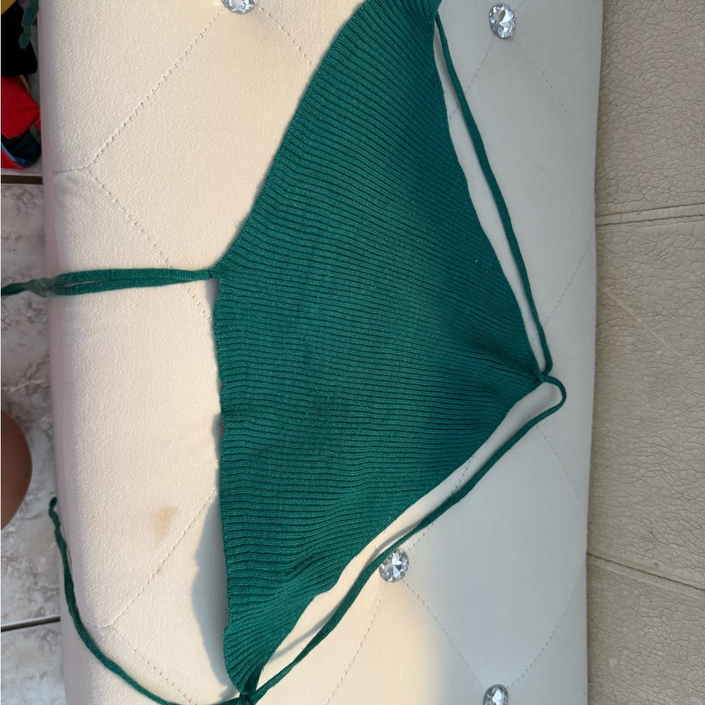 Green Ribbed Triangle Bikini Top